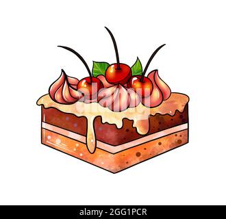 Illustrazione di un disegno colorato di dolci: Torta quadrata arancione-marrone ricoperta di crema e decorata con noci e ciliegie rosse su uno sfondo bianco isolato. Illustrazione di alta qualità Foto Stock