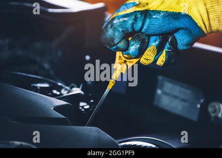 Il tecnico tira manualmente l'astina di livello dell'olio per controllare il livello dell'olio lubrificante del motore dell'auto Foto Stock