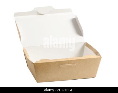 Scatola di carta marrone per alimenti con coperchio aperto isolato su bianco, utilizzata in confezioni fast food. Foto Stock
