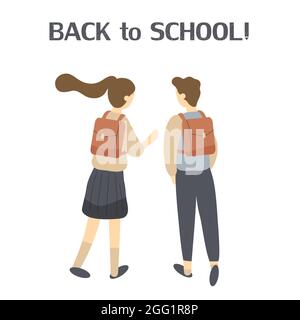 Due compagni di classe, compagni di classe o amici vanno a scuola e parlano o chat.Pair di ragazza e ragazzo o studenti o alunni con borse da scuola vestiti in uniforme Foto Stock