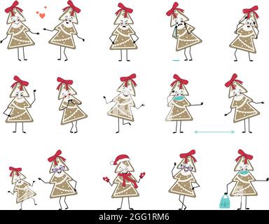 Set di personaggi natalizi di pan di zenzero con emozioni, viso, mani e piedi. I dolci felici o tristi di Capodanno si innamorano, tengono la distanza in una maschera, ballano in un cappello di Santa Illustrazione Vettoriale