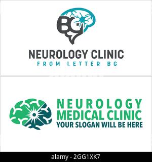 Clinica medica di neurologia con lettera BG e disegno del logo del vettore cerebrale Illustrazione Vettoriale
