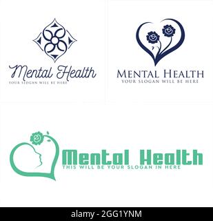 Icona del logo della salute mentale con disegno del logo del cuore del viso e del fiore Illustrazione Vettoriale