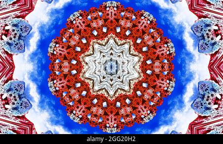 Fiocchi di neve su sfondo blu cielo, natale maglia senza cuciture modello con fiocchi di neve. Maglia rossa maglione design. Tradizionale pat ornamentale a maglia Foto Stock