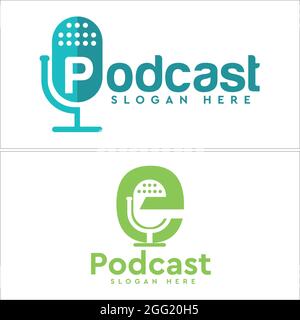 Design del logo del podcast con combinazione di icone con caratteri per microfono Illustrazione Vettoriale