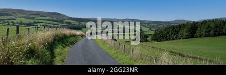 Ciclista femminile su strada che corre su una corsia tranquilla a Bowland, Lancashire, Regno Unito. Foto Stock