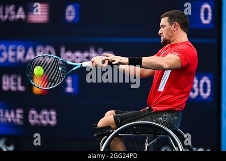 Joachim Gerard, tennista belga in sedia a rotelle, ha ritratto in azione durante la partita tra l'americano Ratzlaff e il belga Gerard, al secondo turno Foto Stock