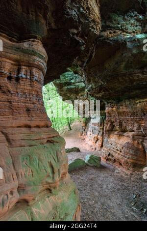 Rockformation di Altschlossfelsen di arenaria rossa nella foresta vicino a Eppenbrunn, Germania Foto Stock