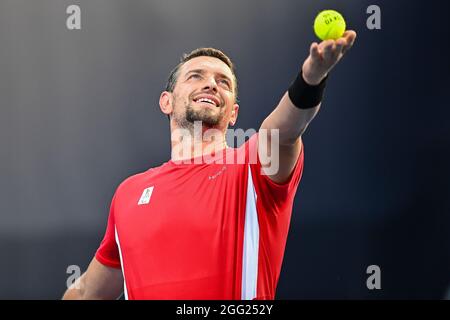 Joachim Gerard, tennista belga in sedia a rotelle, ha ritratto in azione durante la partita tra l'americano Ratzlaff e il belga Gerard, al secondo turno Foto Stock