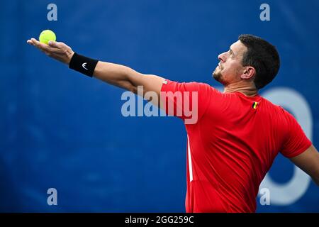 Joachim Gerard, tennista belga in sedia a rotelle, ha ritratto in azione durante la partita tra l'americano Ratzlaff e il belga Gerard, al secondo turno Foto Stock