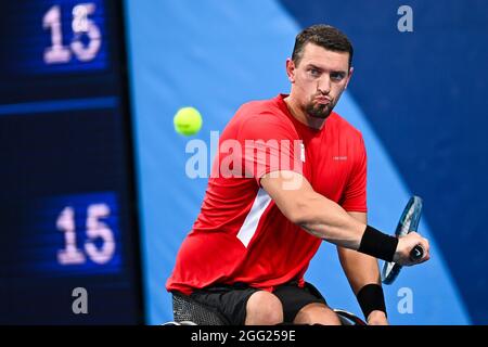 Joachim Gerard, tennista belga in sedia a rotelle, ha ritratto in azione durante la partita tra l'americano Ratzlaff e il belga Gerard, al secondo turno Foto Stock