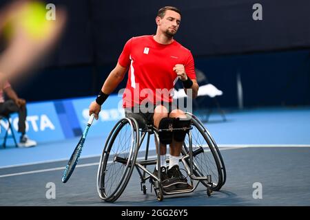 Il tennista belga Joachim Gerard festeggia durante la partita tra l'americano Ratzlaff e il belga Gerard, nel secondo round del m Foto Stock