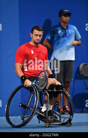 Il tennista belga Joachim Gerard reagisce durante la partita tra l'americano Ratzlaff e il belga Gerard, nel secondo turno degli uomini Foto Stock