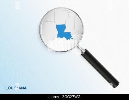 Lente di ingrandimento con mappa della Louisiana su sfondo topografico astratto. Mappa vettoriale. Illustrazione Vettoriale