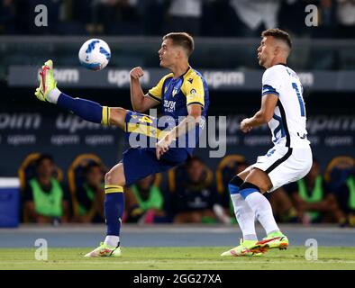 VERONA, ITALIA - AGOSTO 27: Ivan Ilic di Hellas Verona compete per la palla con Ivan Perisic del FC Internazionale, durante la Serie A match tra Hellas Verona e FC Internazionale allo Stadio Marcantonio Bentegodi il 27 Agosto 2021 a Verona . (Foto di MB Media/ ) Foto Stock