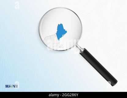 Lente di ingrandimento con mappa del Maine su sfondo topografico astratto. Mappa vettoriale. Illustrazione Vettoriale