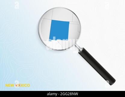 Lente di ingrandimento con mappa del New Mexico su sfondo topografico astratto. Mappa vettoriale. Illustrazione Vettoriale
