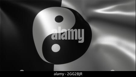 Yin Yang Flag, bandiera cinese yinyang con pieghe ondulate, vista ravvicinata, rendering 3D Foto Stock