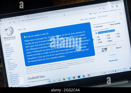 Wikipedia, enciclopedia online, screenshot del sito che mostra una richiesta di donazioni, Regno Unito Foto Stock