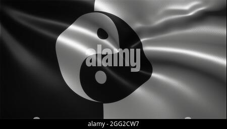 Yin Yang Flag, bandiera cinese yinyang con pieghe ondulate, vista ravvicinata, rendering 3D Foto Stock