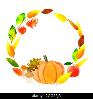Autunnale cornice acquerello illustrazione con foglie multicolore, zucca, funghi, mela Foto Stock