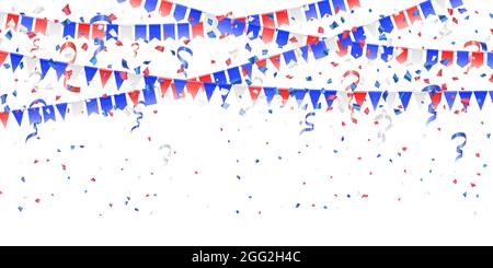 Bandiere rosse, bianche, blu, confetti su bianco. Concept in Colors flag of USA, cile, francia, paesi bassi, australia, regno unito. Indipendenza americana Illustrazione Vettoriale