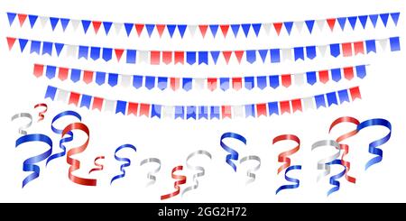 Bandiere rosse, bianche, blu, nastri su bianco. Concept in Colors flag of USA, cile, francia, paesi bassi, australia, regno unito. Indipendenza americana D Illustrazione Vettoriale