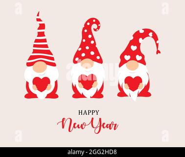Felice anno nuovo 2022 caratteri design. Gnomes giardino e cuore rosso in mano, personaggi di cristmass per la decorazione delle feste di Natale, banner di nuovo anno Illustrazione Vettoriale
