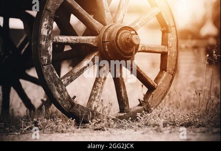 Le vecchie ruote fatte in casa di un carro d'epoca si trovano tra l'erba selvaggia del campo vicino agli edifici del villaggio, illuminati dalla luce del sole. Industria agricola. Foto Stock