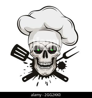 Grinning cranio in cappello da chef con strumenti barbecue incrociati. Cartoon chef cranio in stile disegnato a mano. Griglia master, illustrazione vettoriale grunge. Illustrazione Vettoriale