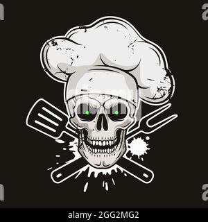 Grinning cranio in cappello da chef con strumenti barbecue incrociati. Cartoon chef cranio in stile disegnato a mano. Griglia master, illustrazione vettoriale grunge. Illustrazione Vettoriale