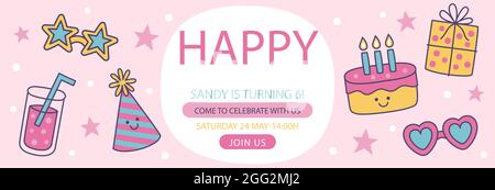 Striscioni di compleanno raffigurato a mano in formato childlike illustrazione vettoriale orizzontale. Illustrazione Vettoriale