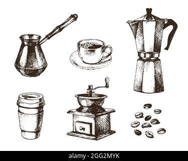 Collezione di caffè vettoriale in stile disegno a mano con inchiostro. Tazza di carta da caffè a scelta, macinacaffè, macchina per caffè geyser, cezve, fagioli, isolato su bianco. Illustrazione Vettoriale
