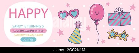 Striscioni di compleanno raffigurato a mano in formato childlike illustrazione vettoriale orizzontale. Illustrazione Vettoriale