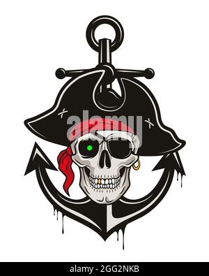 Emblema dei pirati con ancora e cranio in un cappello e un cerotto per gli occhi. Vettore disegno a mano cartoon illustrazione isolato su sfondo bianco. Illustrazione Vettoriale