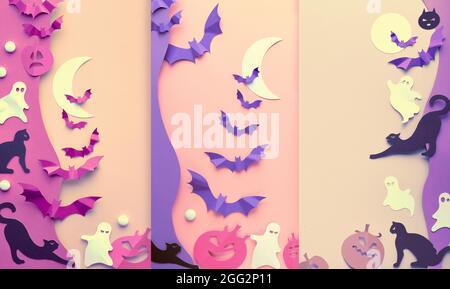 Carino Halloween sfondi verticali per storie di media. Gatti neri Kawaii, pipistrelli di carta viola vibrante, zucche rosa, dolci, fantasmi bianchi divertenti. Piatto Foto Stock