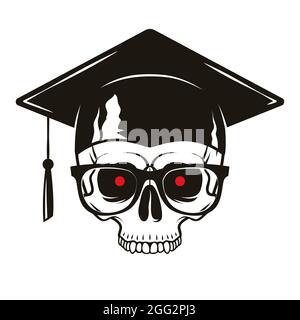 Cranio umano con cappuccio graduato, occhiali e occhi rossi isolati su sfondo bianco. Illustrazione vettoriale. Illustrazione Vettoriale