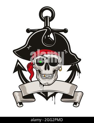 Emblema dei pirati con ancora e cranio in un cappello e un cerotto per gli occhi. Vettore disegno a mano cartoon illustrazione isolato su sfondo bianco. Illustrazione Vettoriale