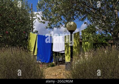 Asciugamani e vestiti appesi ad asciugare nel giardino di una fattoria nella campagna italiana (Toscana, Italia, Europa) Foto Stock