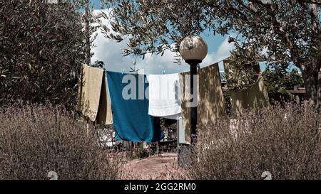 Asciugamani e vestiti appesi ad asciugare nel giardino di una fattoria nella campagna italiana (Toscana, Italia, Europa) Foto Stock