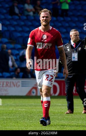 Cardiff, Regno Unito. 28 agosto 2021. Tomáš Kalas di Bristol City celebra a tempo pieno. EFL Skybet Championship Match, Cardiff City contro Bristol City al Cardiff City Stadium di Cardiff, Galles sabato 28 agosto 2021. Questa immagine può essere utilizzata solo a scopo editoriale. Solo per uso editoriale, licenza richiesta per uso commerciale. Nessun uso in scommesse, giochi o un singolo club/campionato/player pubblicazioni. pic di Andrew Orchard/Andrew Orchard sport fotografia/Alamy Live news credito: Andrew Orchard sport fotografia/Alamy Live News Foto Stock