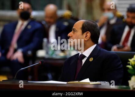 Il presidente egiziano Abdel Fattah al-Sisi interviene durante la conferenza di Baghdad nella capitale irachena il 28 agosto 2021. Foto di Ludovic MARIN / fonti varie /Pool/ABACAPRESS.COM Foto Stock