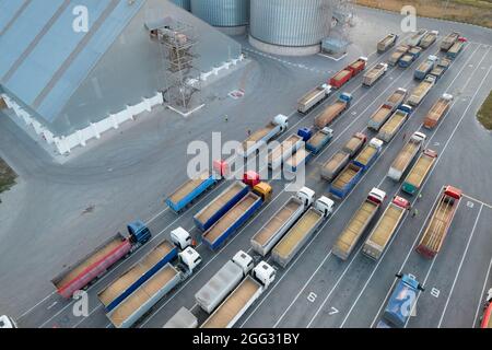 Vista dall'alto da un quadricottero su carrelli carichi di granella. Molti camion sono in attesa in fila per lo scarico nel porto. Concetto per logistica e fr Foto Stock