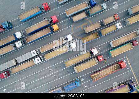 Vista dall'alto da un quadricottero su carrelli carichi di granella. Molti camion sono in attesa in fila per lo scarico nel porto. Concetto per logistica e fr Foto Stock