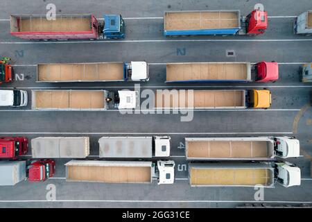 Molti autocarri sono in attesa in linea per lo scarico nel porto, vista dall'alto da un quadricottero su autocarri carichi di granella. Concetto per logistica e fr Foto Stock