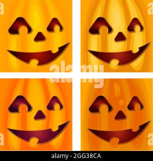 Set di quattro sorridenti facce di zucca di Halloween sfondi quadrati. Zucca scolpita Illustrazione Vettoriale