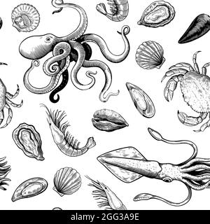 Modello senza cuciture con elementi di pesce in legno disegnato a mano in colori bianco e nero, molluschi e granchi. Illustrazione Vettoriale