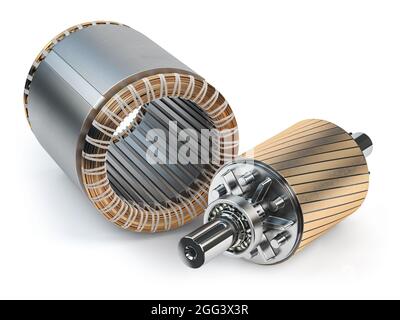 Rotore e statore del motore elettrico isolati su sfondo bianco. illustrazione 3d Foto Stock
