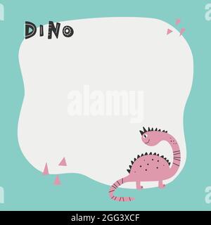 Dinosauro carino con una cornice blot in stile semplice cartoon disegnata a mano. Modello per il testo o la foto. Ideale per carte, inviti, feste, asilo Illustrazione Vettoriale