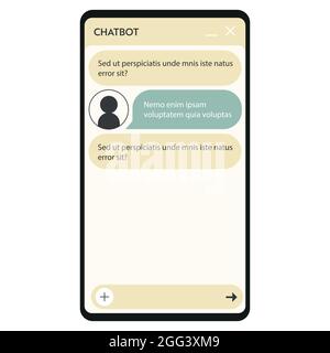 Finestra di chatbot. Interfaccia utente dell'applicazione con finestra di dialogo in linea. Conversazione con un assistente robot Illustrazione Vettoriale